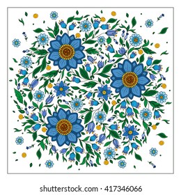 Colorful romantic round pattern with flowers. Can be used for cards, invitations, fabrics, wallpapers, ornamental template for design and decoration.