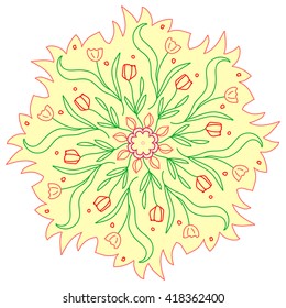 Colorful romantic round pattern with flowers. Can be used for cards, invitations, fabrics, wallpapers, ornamental template for design and decoration.