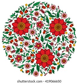 Colorful romantic round pattern with flowers. Can be used for cards, invitations, fabrics, wallpapers, ornamental template for design and decoration.