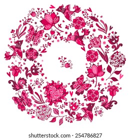 Colorful romantic round pattern with love birds, floral hearts, butterflies and flowers.  Can be used for cards, invitations, fabrics, wallpapers, ornamental template for design and decoration.