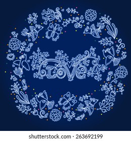 Colorful romantic round pattern with love lettering, love birds, butterflies and flowers.  Can be used for cards, invitations, fabrics, wallpapers, ornamental template for design and decoration.