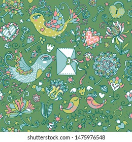 Colorful romantic seamless pattern with cute birds carrying  love letters, floral hearts keys and exotic flowers. Hand drawn doodle art for design and decorations.