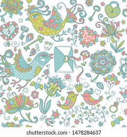 Colorful romantic seamless pattern with cute birds carrying  love letters, floral hearts keys and exotic flowers. Hand drawn doodle art for design and decorations.