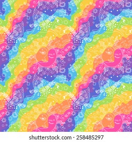Colorful romantic seamless pattern with fairy horse, sun, moon and stars.  Can be used for cards, invitations, fabrics, wallpapers, ornamental template for design and decoration.