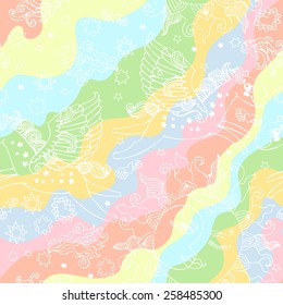 Colorful romantic seamless pattern with fairy horse, sun, moon and stars.  Can be used for cards, invitations, fabrics, wallpapers, ornamental template for design and decoration.