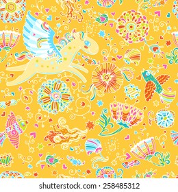 Colorful romantic seamless pattern with fairy horse, love beards, butterflies and flowers.  Can be used for cards, invitations, fabrics, wallpapers, ornamental template for design and decoration.