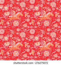 Colorful romantic seamless pattern with fairy horse, love beards, butterflies and flowers. Can be used for cards, invitations, fabrics, wallpapers, ornamental template for design and decoration.