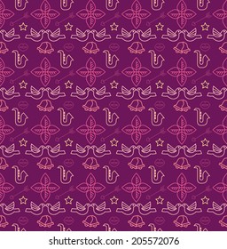 Colorful romantic seamless pattern with leaves and pigeons. Violet and pink color