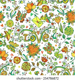 Colorful romantic seamless pattern with love birds, floral hearts, butterflies and flowers.  Can be used for cards, invitations, fabrics, wallpapers, ornamental template for design and decoration.