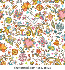 Colorful romantic seamless pattern with love birds, floral hearts, butterflies and flowers.  Can be used for cards, invitations, fabrics, wallpapers, ornamental template for design and decoration.