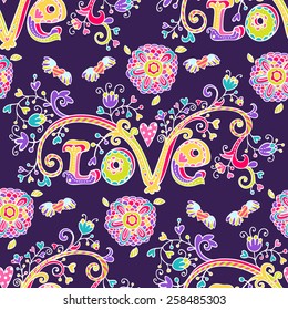 Colorful romantic seamless pattern with love  letters, hearts and flowers.  Can be used for cards, invitations, fabrics, wallpapers, ornamental template for design and decoration.