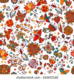 Colorful romantic seamless pattern with love birds, floral hearts, butterflies and flowers.  Can be used for cards, invitations, fabrics, wallpapers, ornamental template for design and decoration.