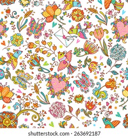Colorful romantic seamless pattern with love birds, floral hearts, butterflies and flowers.  Can be used for cards, invitations, fabrics, wallpapers, ornamental template for design and decoration.