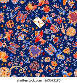Colorful romantic seamless pattern with love birds, floral hearts, butterflies and flowers.  Can be used for cards, invitations, fabrics, wallpapers, ornamental template for design and decoration.