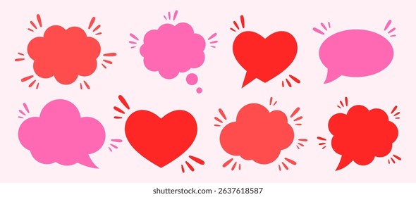 Colorful romantic speech bubbles . Ideal for Valentine's Day, greeting cards, posters, stickers, and social media. Flat vector design on soft pink background.
