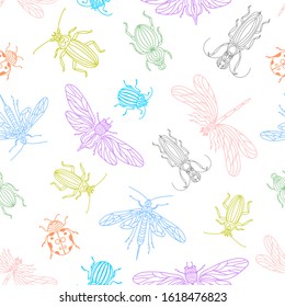 Colorful romantic summer butterflies, dragonfly, ladybug, moth, beetle seamless pattern background. Decorative vector illustration with spring insects. Abstract transparent seamless background.