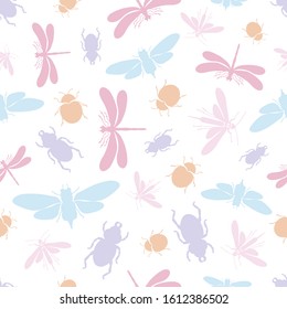 Colorful romantic summer butterflies, dragonflys, ladybugs, moths, beetles seamless pattern background.  Abstract transparent seamless background. Can be used for packaging, textiles, web design.