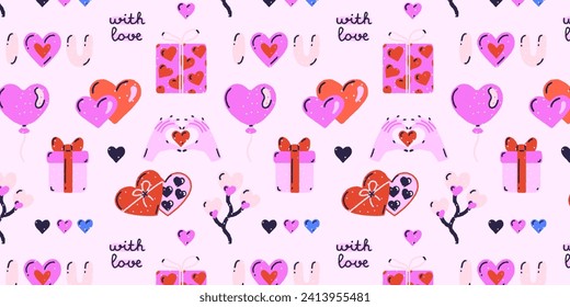 Colorful romantic vector design of gifts, hearts, balloon, candies on light background. Love and passion. Valentine's Day. Grungy hand drawn style. Banner, header, cover