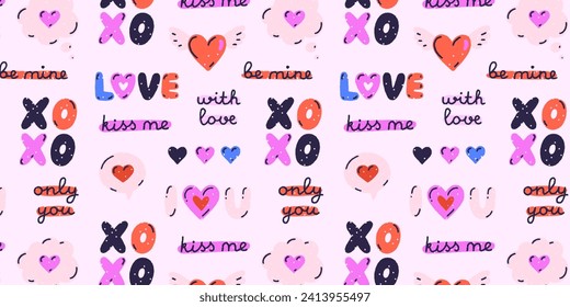 Colorful romantic vector design of hearts, speech bubbles, quotes on light background. Love and passion. Valentine's Day. Grungy hand drawn style. Banner, header, cover