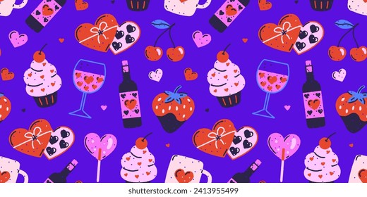 Colorful romantic vector design of wine, strawberry, cherry, cake, candies on blue background. Love and sweets. Valentine's Day. Grungy hand drawn style. Banner, header, cover