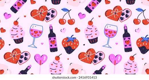 Colorido diseño vectorial romántico de vino, fresa, cereza, pastel, caramelos sobre fondo claro. Amor y dulces. Día de San Valentín. Grungy estilo dibujado a mano. Banner, cabecera, portada