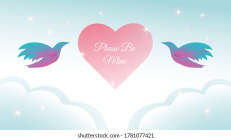 Colorful Romantic Vector Illustration. Beautiful Background Design Template. Twin Flying Birds, Pink Heart Shape, Sparkle Stars, Clouds & Sky. Gray White, Light Blue Magenta Purple Gradation Color
