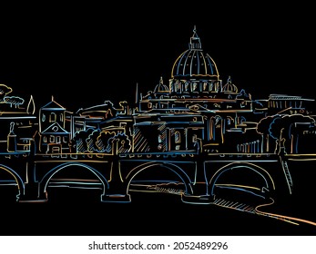 Colorful Rome Skyline Drawing on black. Well crafted vector sketch für private and commercial use.