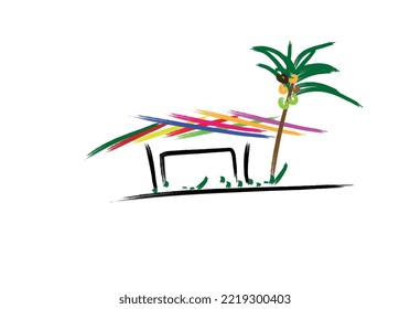 colorful roof house with coconut tree. white bacground vector.  simple coconut tree.