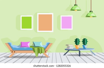 Colorful room with bed and table with cacti plants interior. Vector illustration
