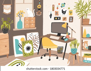 Colorful room interior of artistic person vector flat illustration. Apartment with creative workplace, computer, pictures, houseplant and cat. Workspace or domestic studio with cosiness elements