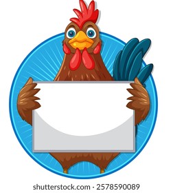 Colorful rooster with a blank sign for messages