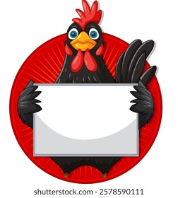 Colorful rooster with a blank sign for messages