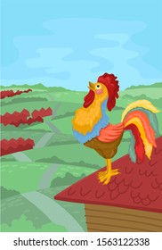 Colorful rooster crowing in the morning on village. Cock at the dawn. Poultry farming. Cartoon animal character. Flat style drawing. Vector illustration concept
