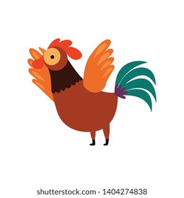 Colorful Rooster Crowing and Waving its Wings, Farm Cock, Poultry Farming Vector Illustration