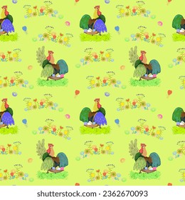 Colorful rooster, field flowers on green background. Pattern for country life, for printing on paper or fabrics.