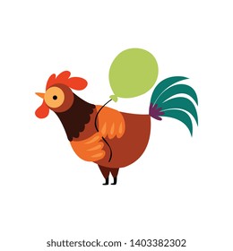 Colorful Rooster with Green Balloon, Farm Cock Cartoon Character Vector Illustration