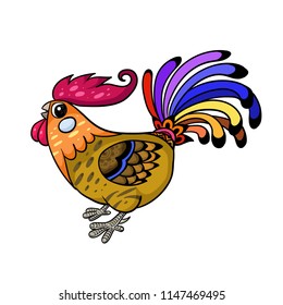 The colorful rooster. Hand drawn illustration. For books illustration, background,decoration,pattern design,animals illustration.