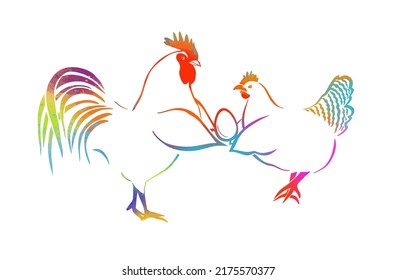 A colorful rooster and a hen are holding an egg. Vector illustration