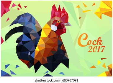 Colorful rooster low polygon standing