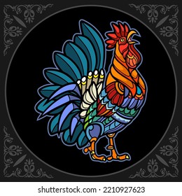 Colorful Rooster Mandala arts isolated on black background.