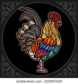 Colorful Rooster Mandala arts isolated on black background.