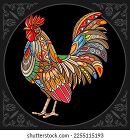 Colorful rooster mandala arts isolated on black background