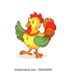 Colorful rooster raised one wing up. Vector cartoon character on a white background.