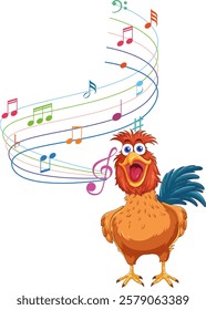 A colorful rooster singing with musical notes