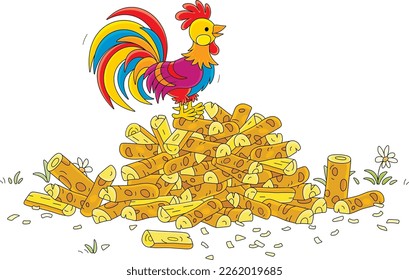 Colorful rooster singing on a pile of chopped firewood for a stove of a village house, vector cartoon illustration isolated on a white background