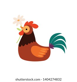 Colorful Rooster Sitting with Flower in the Beak, Farm Cock Cartoon Character Vector Illustration
