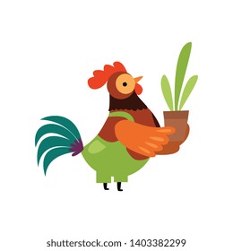 Colorful Rooster with Wearing Overalls Flower Pot, Farm Cock Cartoon Character Vector Illustration