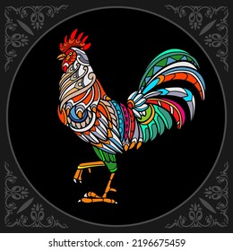 Colorful Rooster zentangle arts isolated on black background