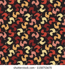 Colorful roosters on a black background. Seamless pattern.