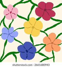 Patrón de flores enraizadas de colores - ilustración botánica plana dibujada a mano